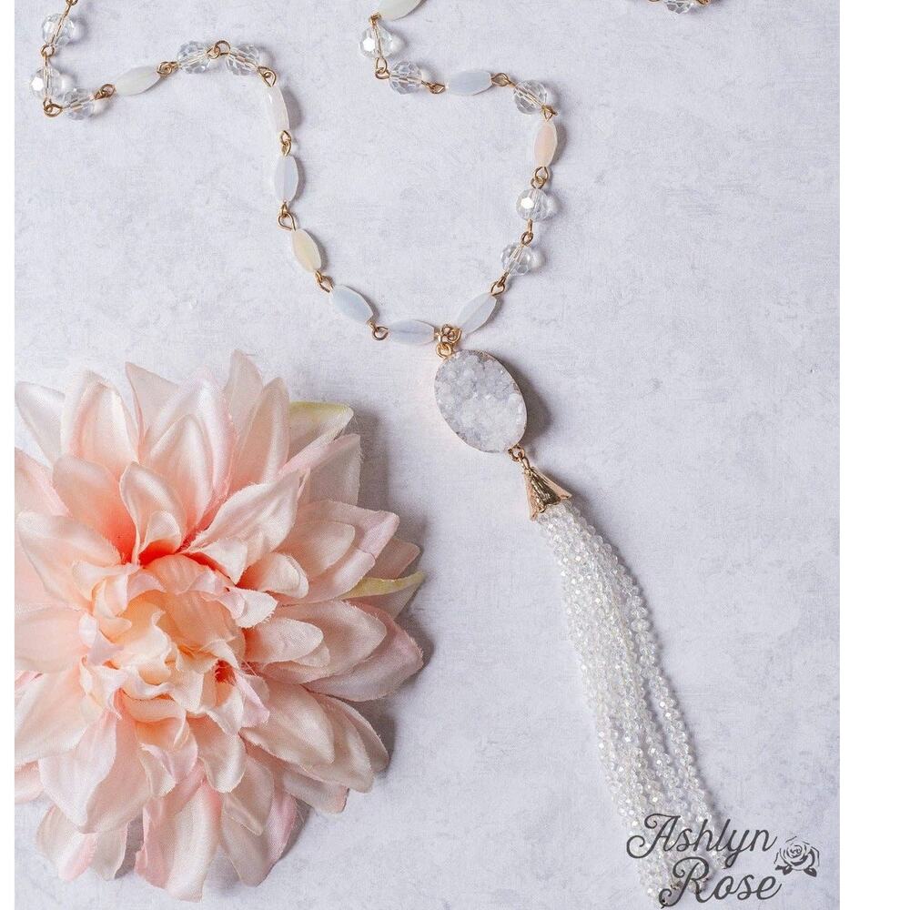 White Druzy Stone Pendant & Clear Beaded Tassel Necklace